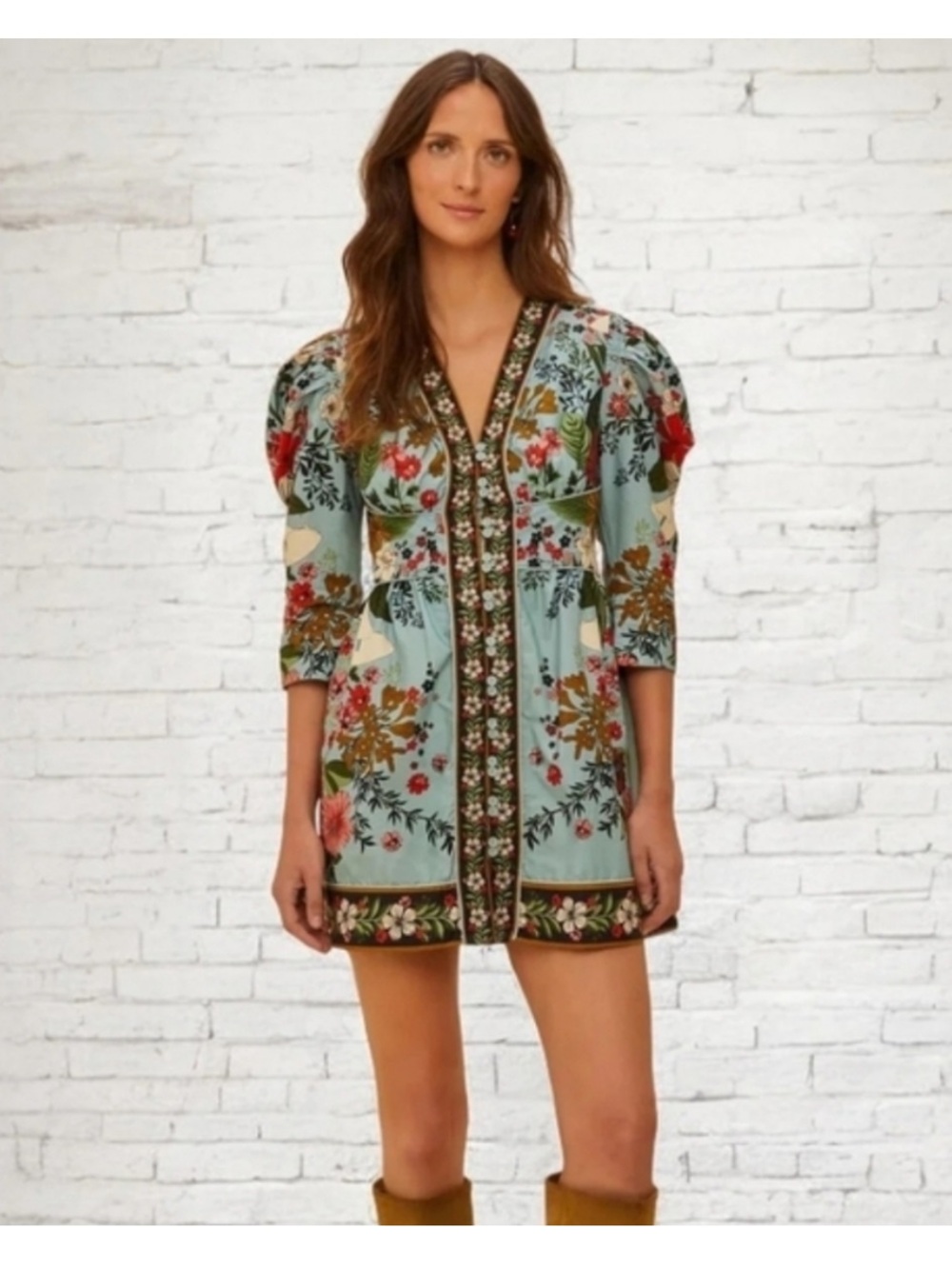 Free People Floral Puff Sleeve Mini Dress Blue Green Boho Cottagecore XL NWOT